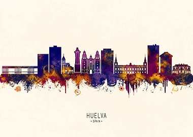 Huelva, Spain Skyline Watercolor Art