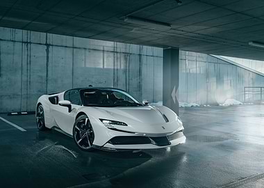 White Ferrari SF90 Stradale in Parking Garage