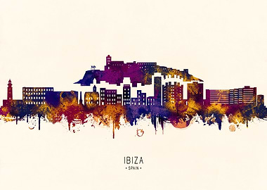 Ibiza Spain Skyline Watercolor Silhouette