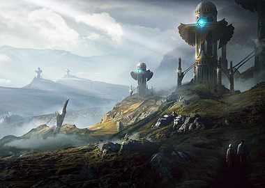 Futuristic Landscape with Towers and Figures