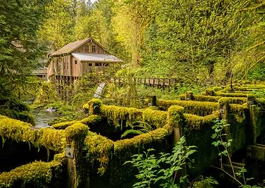 mossy mill in lush green forest