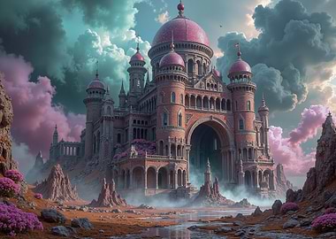 Fantasy Castle Landscape with Pink Domes