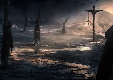 Dark Fantasy Landscape with Hooded Figure