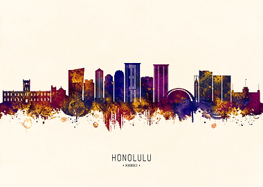 Honolulu Hawaii Skyline Watercolor