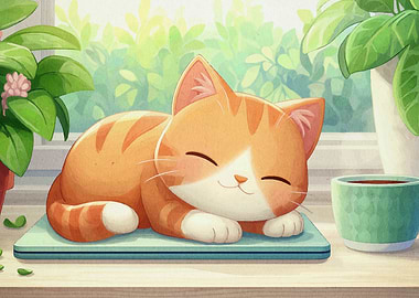 Sleeping Cat with Plants