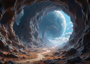 Alien Planet Landscape with Giant Moon