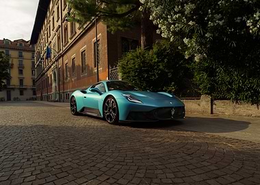 Teal Maserati MC20 on Cobblestone Street