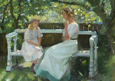 Two Women on a Bench Painting