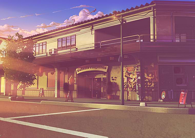 Anime-style street with shop at sunset