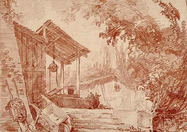 Rural Landscape Sketch in Red Chalk