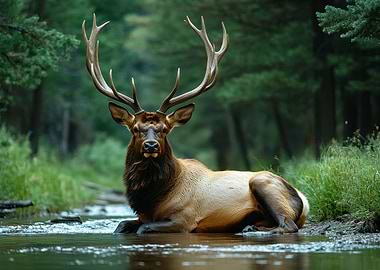 Elk resting in a forest stream