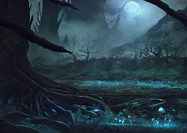 Mystical Swamp Landscape with Glowing Water