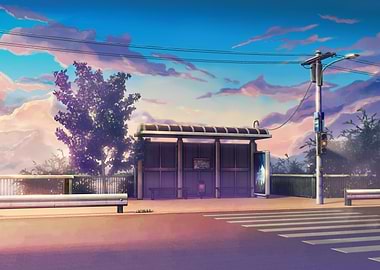 Anime Bus Stop at Sunset