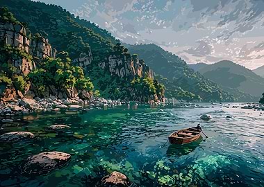 Serene Lake Landscape with Boat