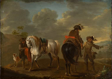 Equestrian Scene with Figures and Dog