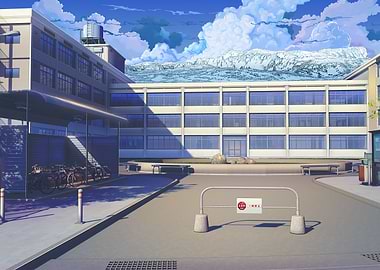 Anime School Building with Mountain Backdrop