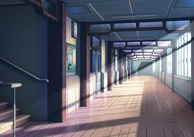 Anime School Hallway with Sunlight