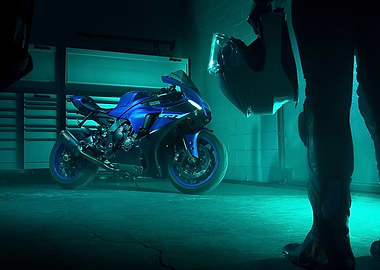 Blue R1 Motorcycle in Garage
