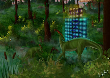 Dinosaurs in a Forest with Sign