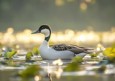 Pintail Duck Swimming in Lily Pond