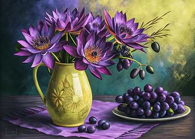 Floral Water Lilies and Grapes Vibrant Botanical Artwork