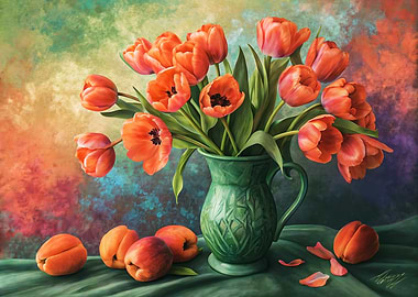 Tulip Flowers and apricots Artistic Still Life Painting