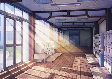 School Hallway with Lockers and Sunlight
