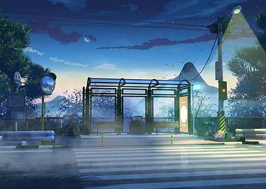 Anime Bus Stop at Night