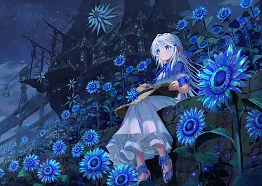 Anime Girl in Blue Sunflower Field