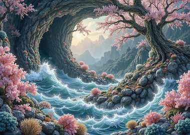 Cherry Blossom River Landscape