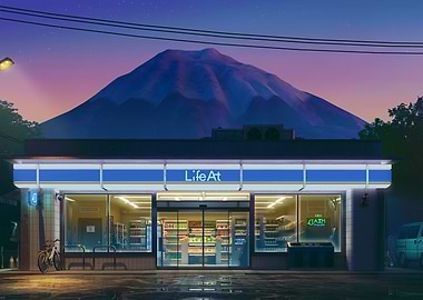 Convenience Store at Night with Mountain