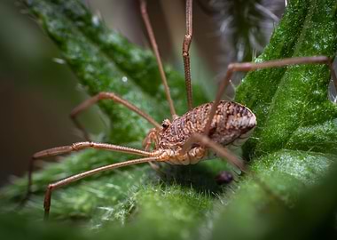 Harvestman on Green Leaf