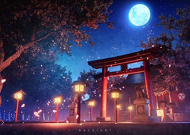 Japanese Shrine Under Moonlight