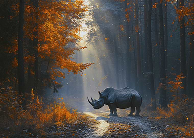 Rhinoceros in Autumn Forest