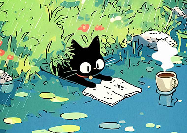 Black Cat Reading in the Rain