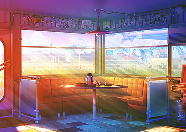 Diner Interior with Sunrise View