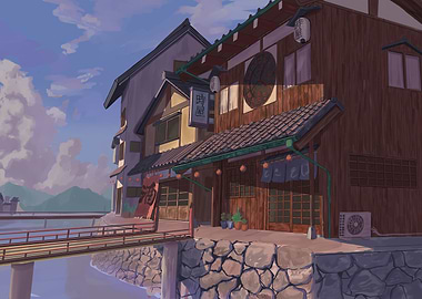 Japanese Building with Bridge Digital Art