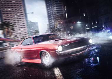Red Muscle Car Drifting in City