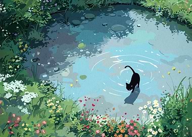 Black Cat by the Pond
