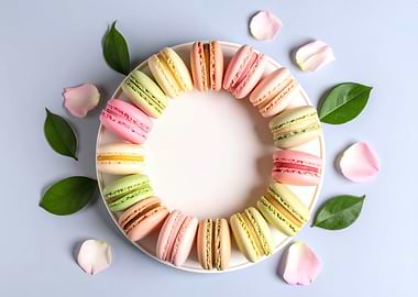 Colorful Macarons on Plate with Floral Decor