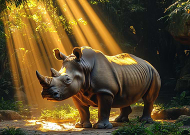 Rhino in the Jungle Sunlight