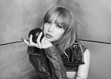 lisa blackpink with apple in black&white