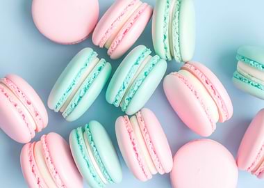 Pastel Macarons on Blue Background