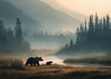 Bears in Misty Mountain Landscape