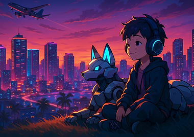 Boy and Robotic Dog Cityscape