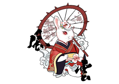 Rabbit Geisha with Umbrella and Mask