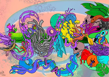 Abstract Colorful Composition with Skulls and Crystals