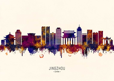 Jingzhou, China Skyline Watercolor Silhouette