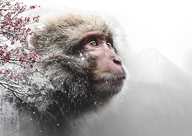 Japanese Macaque Portrait with Floral Overlay