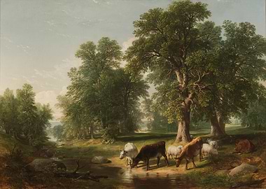Cows and Sheep by a Stream